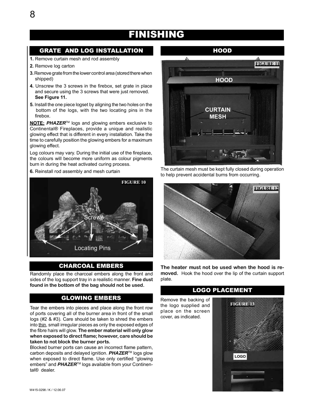Continental CVF36N, CVF36P manual Finishing, Grate and LOG Installation, Hood Curtain Mesh, Charcoal Embers 