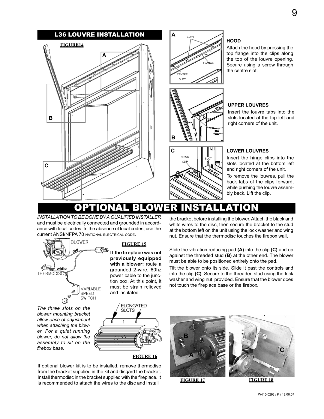 Continental CVF36P, CVF36N manual Optional Blower Installation, L36 Louvre Installation 