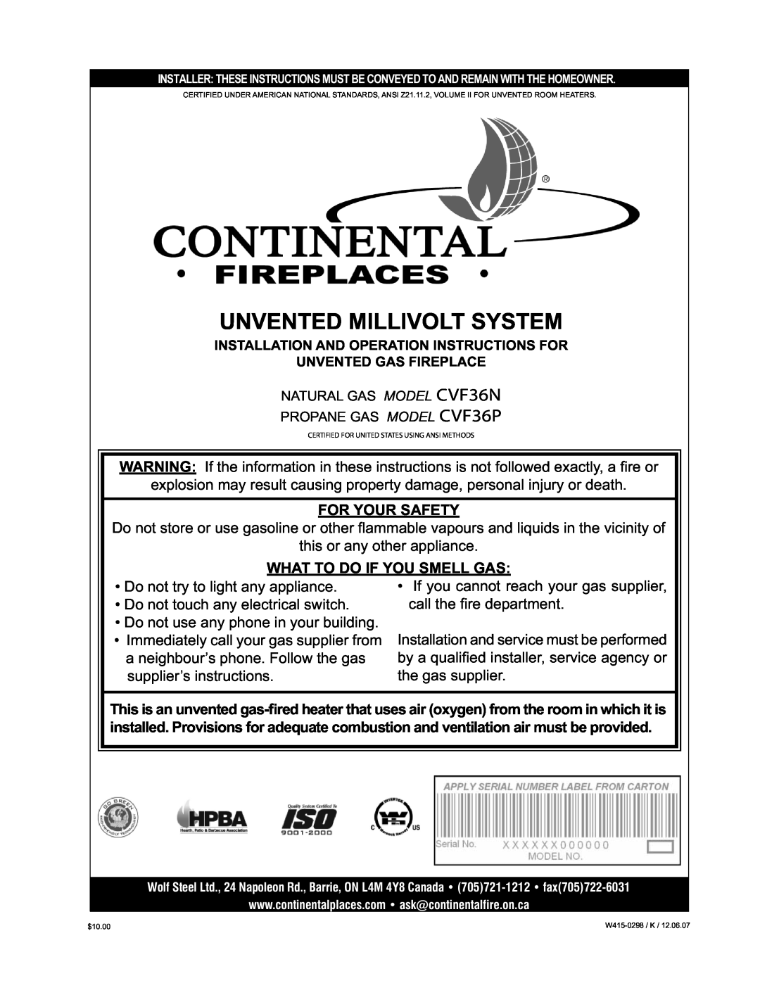 Continental manual For Your Safety, What To Do If You Smell Gas, Unvented Millivolt System, CVF36N CVF36P 