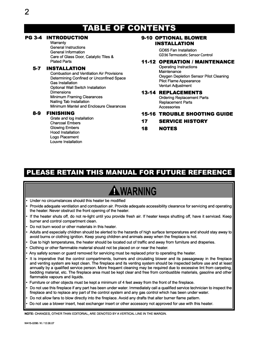 Continental CVF36N, CVF36P manual Table Of Contents, Please Retain This Manual For Future Reference 