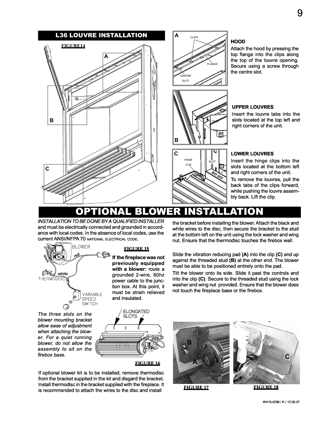 Continental CVF36P manual Optional Blower Installation, B C A, L36 LOUVRE INSTALLATION, Hood, Upper Louvres, Lower Louvres 