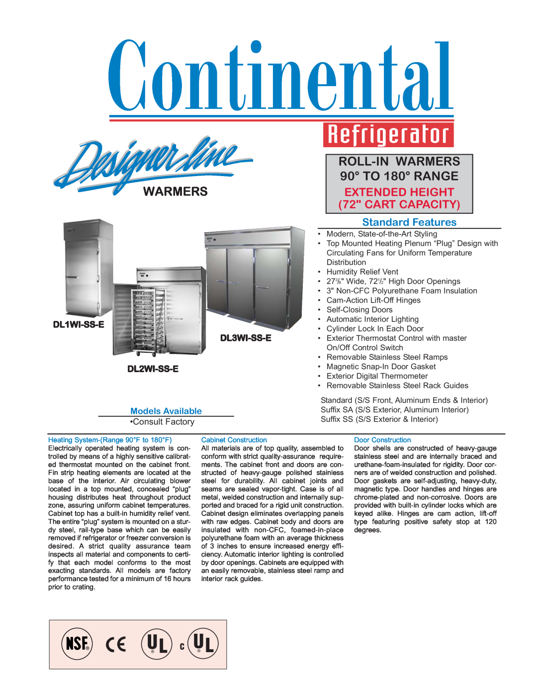 Continental DL3WI-SS-E manual DL1WI-SS-E, DL2WI-SS-E, Consult Factory, Warmers, ROLL-INWARMERS 90 TO 180 RANGE 