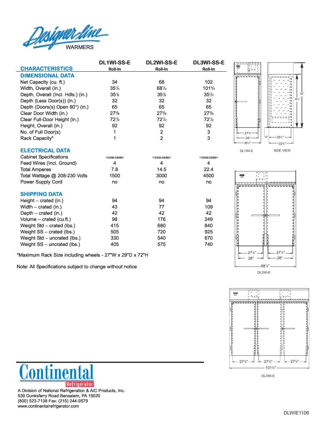 Continental DL1WI-SS-E Warmers, Characteristics, DL2WI-SS-E, DL3WI-SS-E, Dimensional Data, Electrical Data, Shipping Data 