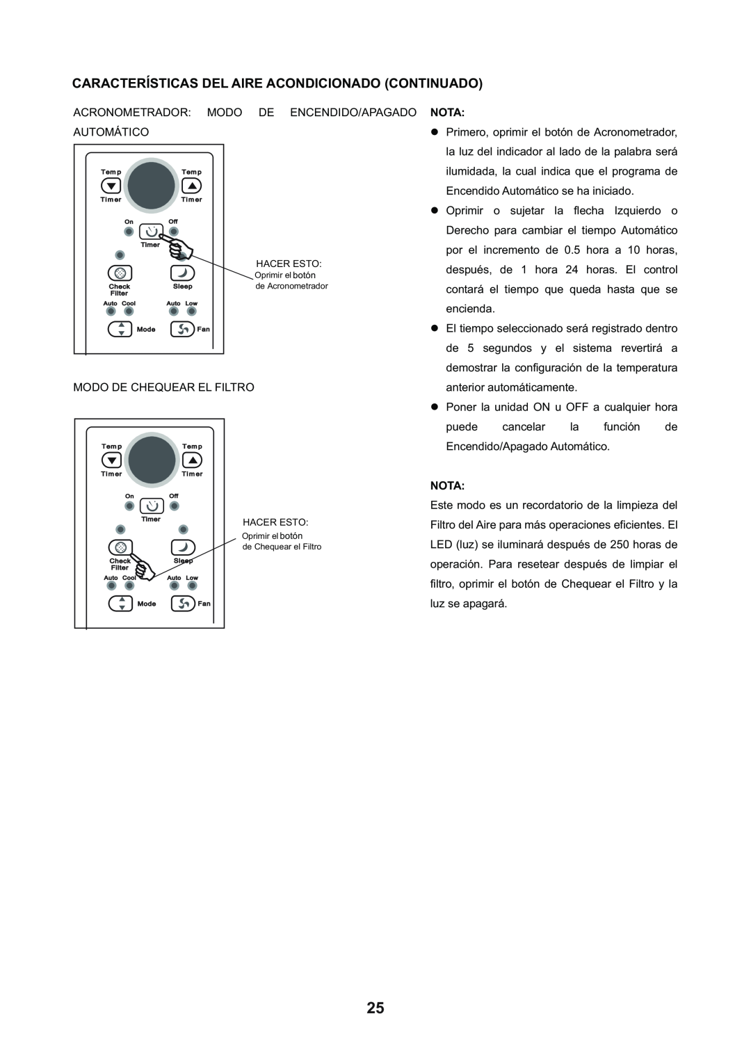 Continental Electric CE11165 Características Del Aire Acondicionado Continuado, Acronometrador, Modo, Automático, Nota 