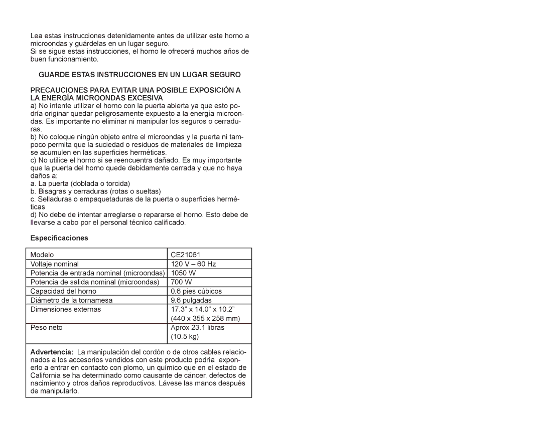 Continental Electric CE21061 instruction manual Especificaciones 