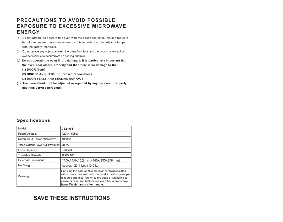 Continental Electric CE21061 instruction manual Specifications, Harm. Wash hands after handle 