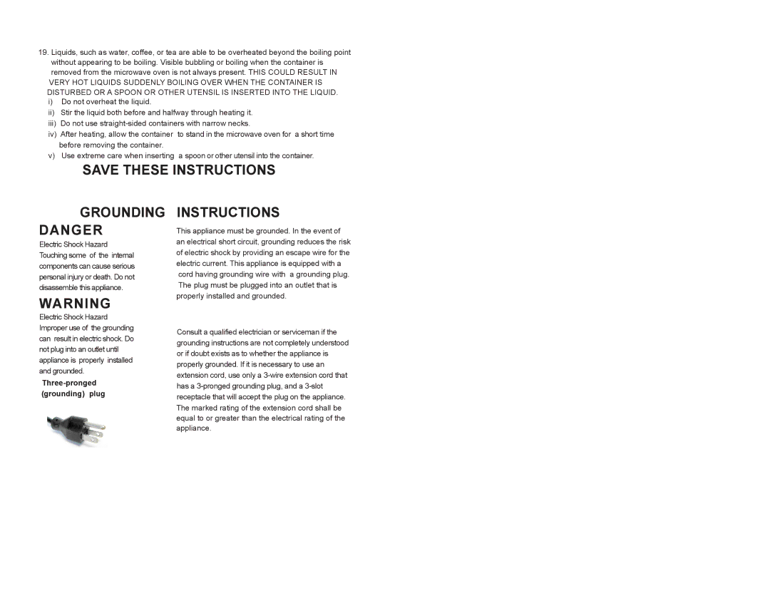 Continental Electric CE21061 instruction manual Grounding Danger, Three-pronged grounding plug 