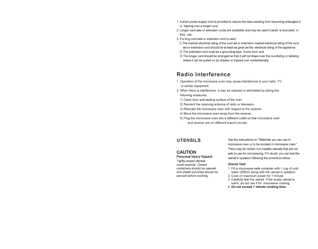 Continental Electric CE21061 instruction manual Utensil Test, Do not exceed 1 minute cooking time 