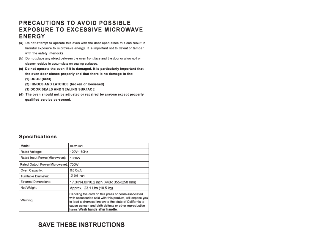 Continental Electric CE21061 instruction manual Save These Instructions, Specifications 