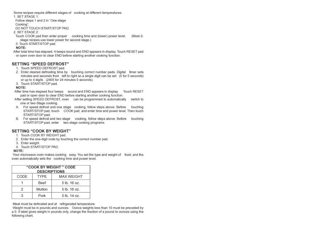 Continental Electric CE21111 instruction manual Cook by Weight Code Descriptions, Do not Touch START/STOP PAD SET Stage 