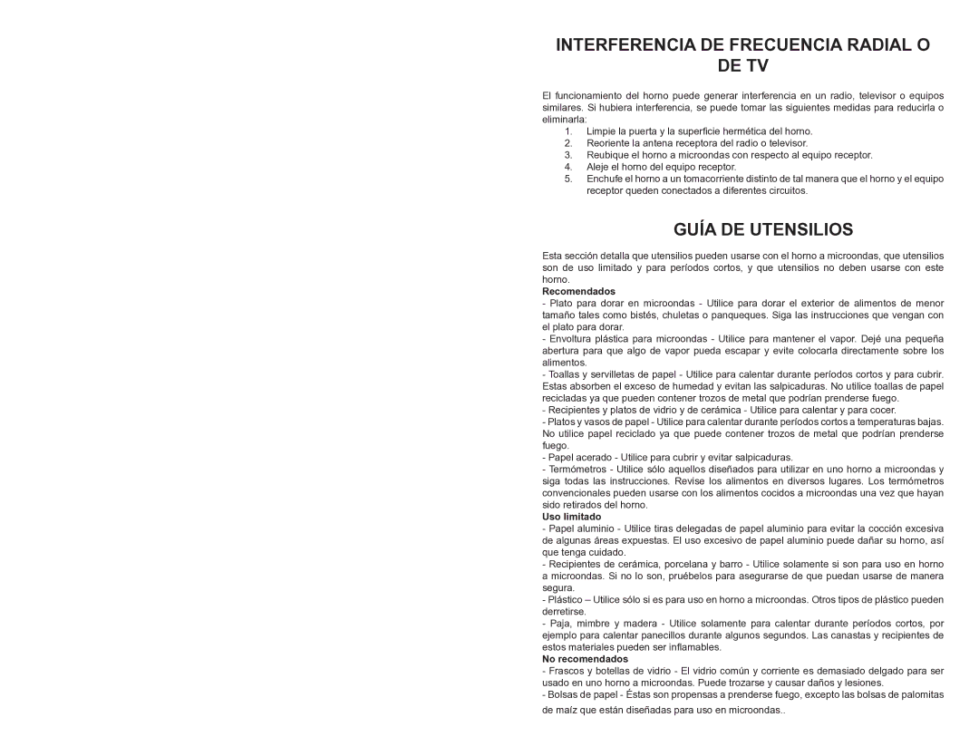 Continental Electric CE21111 Interferencia DE Frecuencia Radial O DE TV, Guía DE Utensilios, Uso limitado, No recomendados 