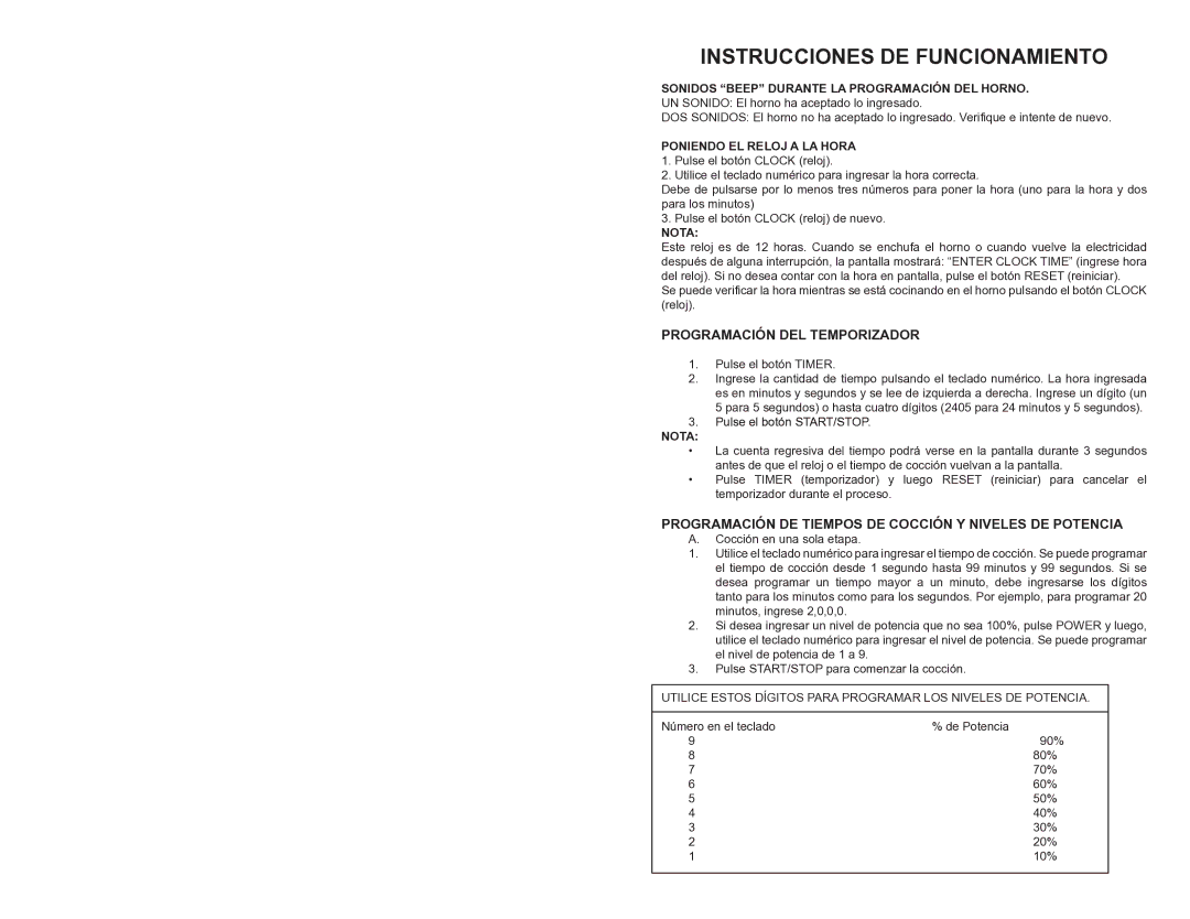 Continental Electric CE21111 Instrucciones DE Funcionamiento, Programación DE Tiempos DE Cocción Y Niveles DE Potencia 