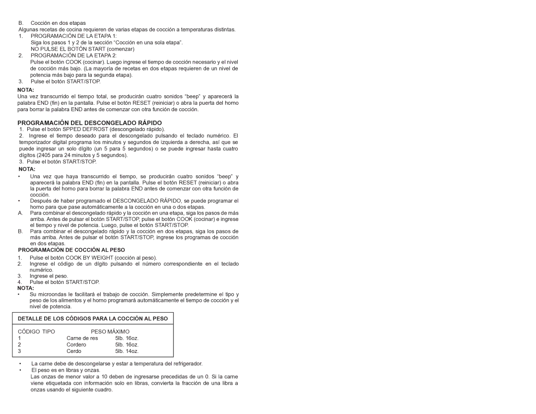 Continental Electric CE21111 Programación DEL Descongelado Rápido, Programación DE LA Etapa, Código Tipo Peso Máximo 