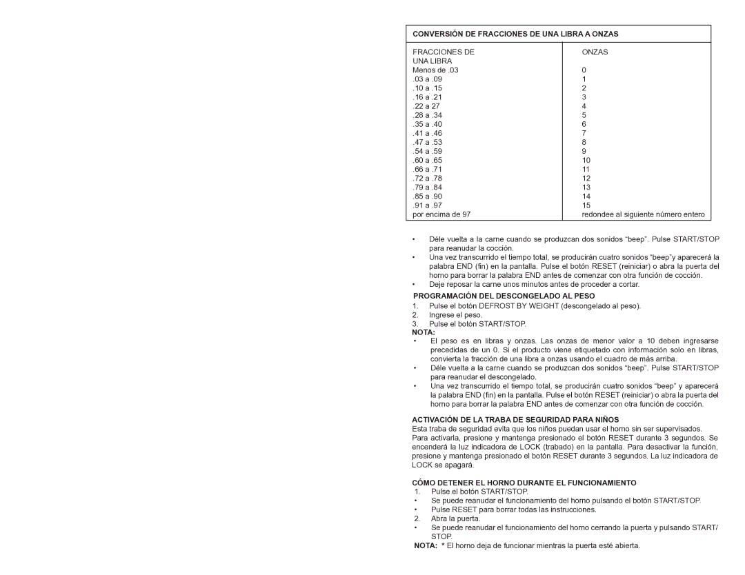 Continental Electric CE21111 Conversión DE Fracciones DE UNA Libra a Onzas, Programación DEL Descongelado AL Peso 