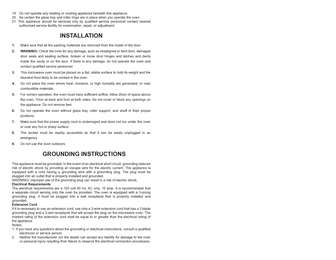 Continental Electric CE21111 Installation, Grounding Instructions, Electrical Requirements, Extension Cord 