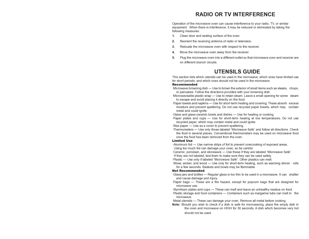 Continental Electric CE21111 instruction manual Utensils Guide, Limited Use, Not Recommended 