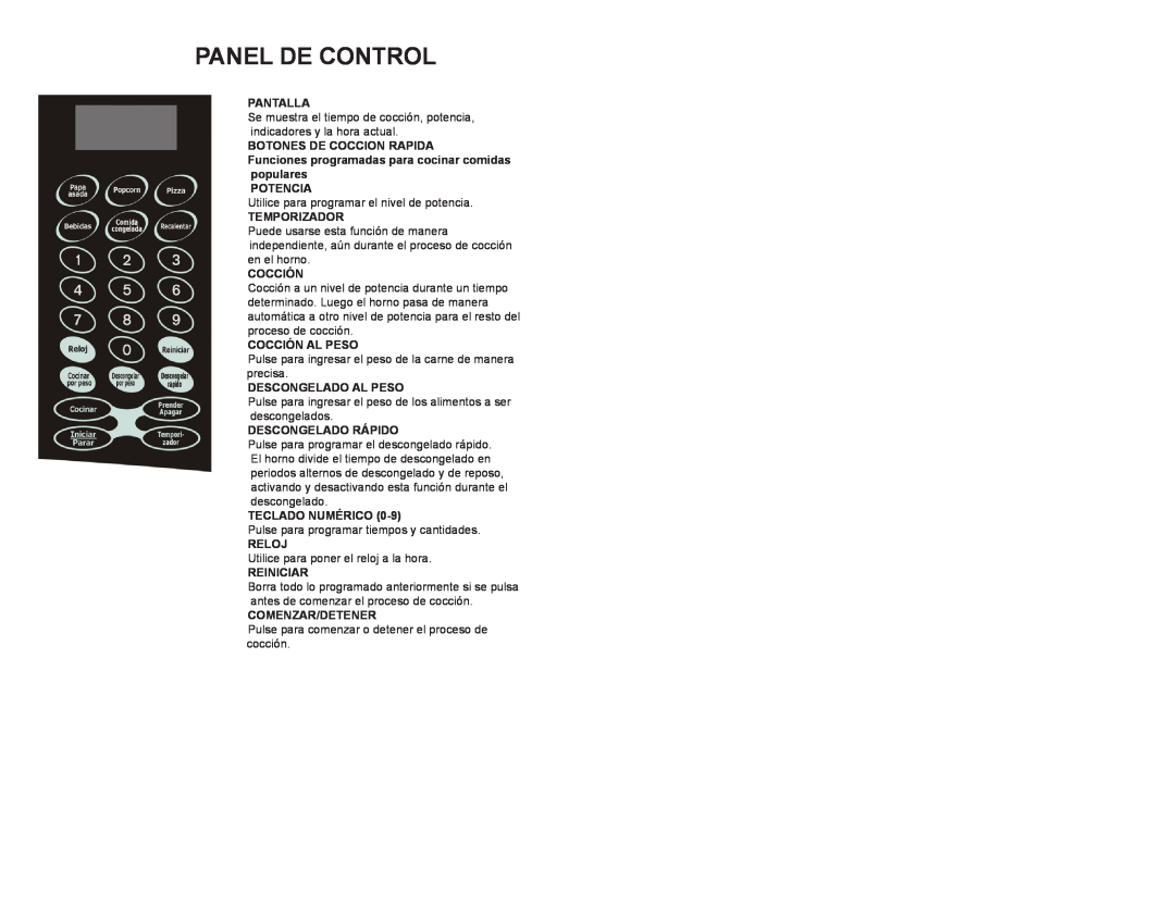 Continental Electric CE21111 Panel De Control, Pantalla, Botones De Coccion Rapida, Potencia, Temporizador, Cocción, Reloj 