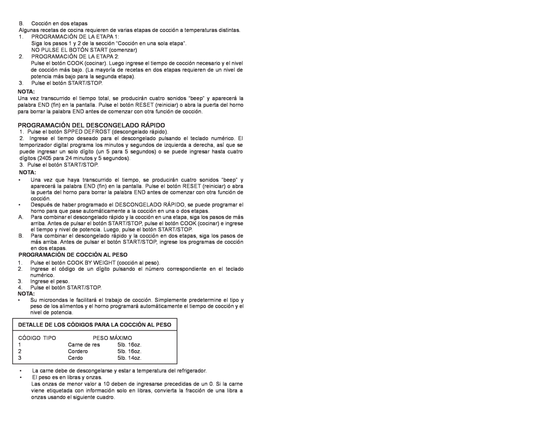 Continental Electric CE21111 instruction manual Programación Del Descongelado Rápido, Nota, Programación De Cocción Al Peso 