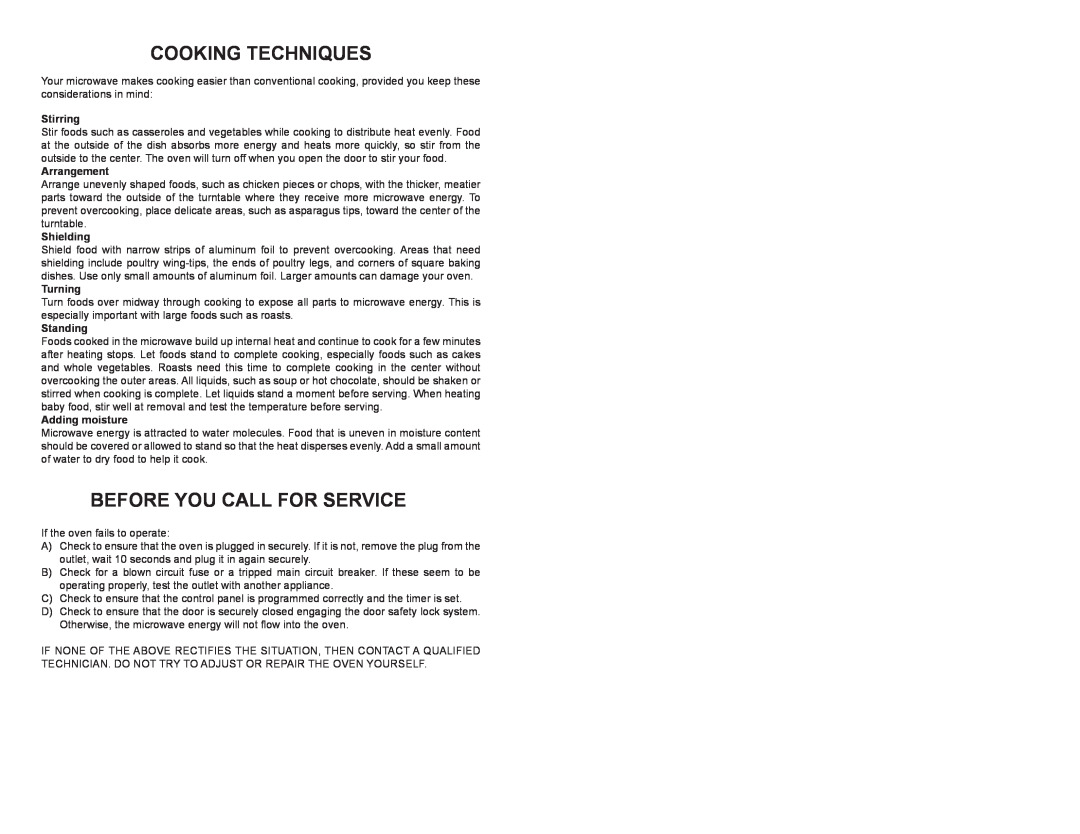 Continental Electric CE21111 Cooking Techniques, Before You Call For Service, Stirring, Arrangement, Shielding, Turning 