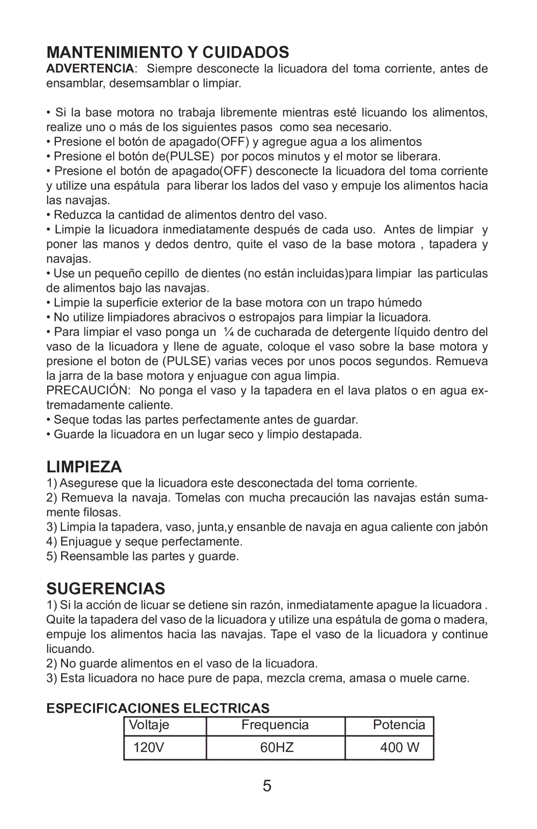 Continental Electric CE22131 user manual Mantenimiento Y Cuidados 