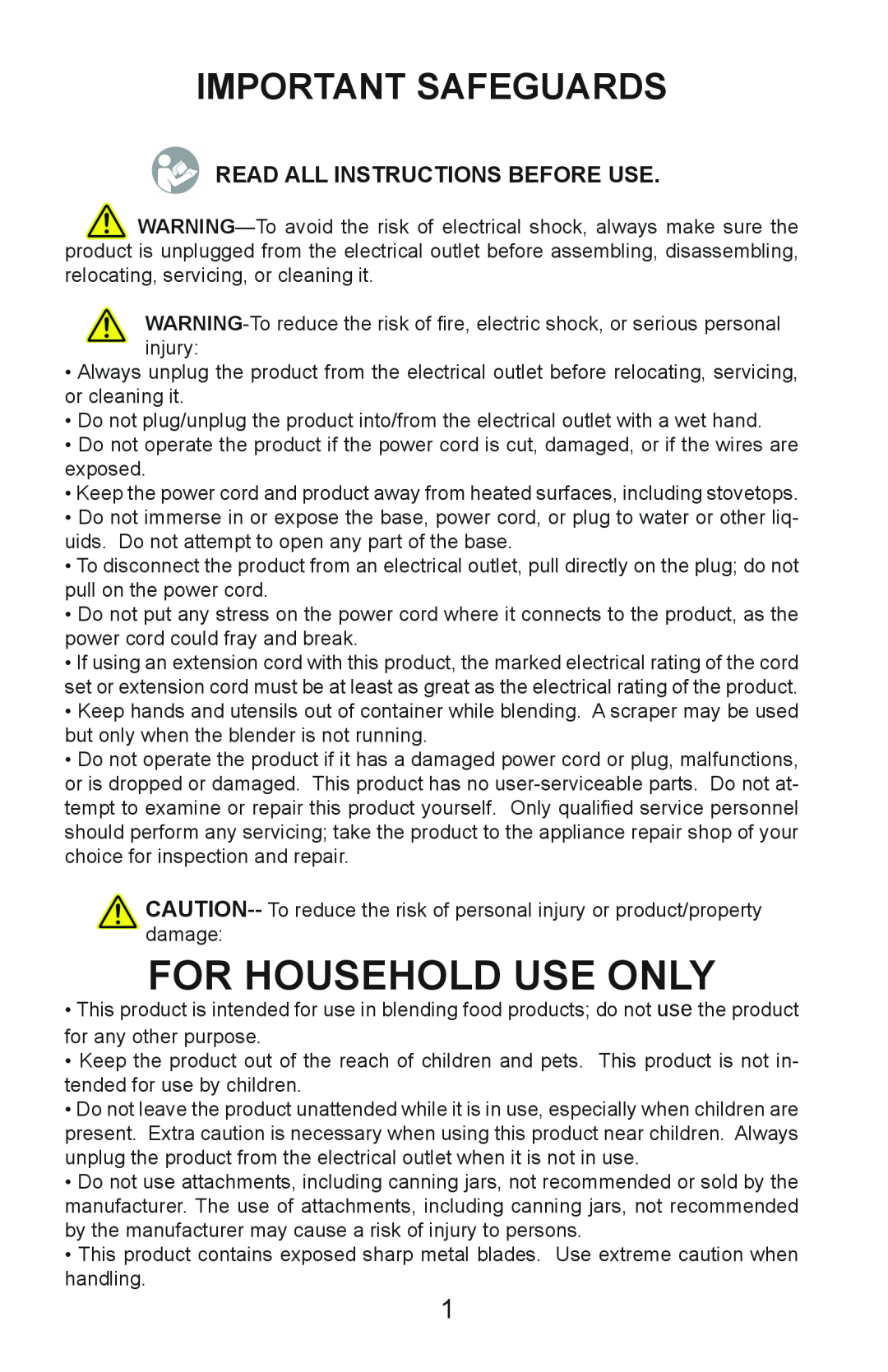 Continental Electric CE22131 user manual For Household Use Only, Important Safeguards, Read All Instructions Before Use 
