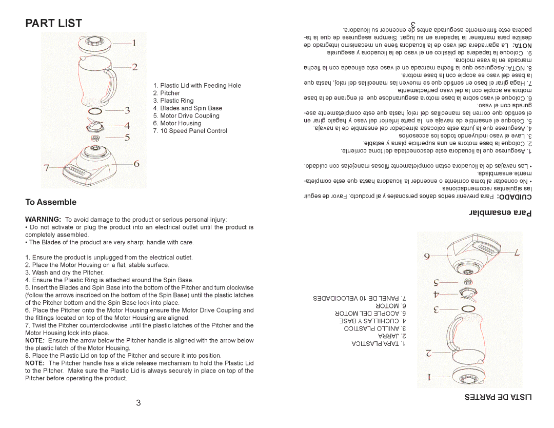 Continental Electric CE22139 user manual Part List, To Assemble, Ensamblar Para 