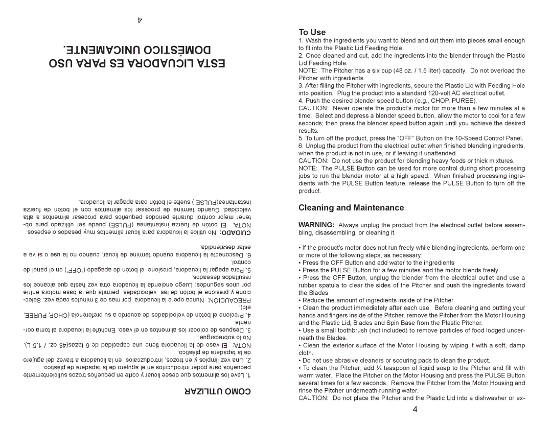 Continental Electric CE22139 user manual Unicamente Doméstico USO Para ES Licuadora Esta, Utilizar Como, To Use, Etc 