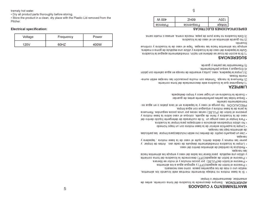 Continental Electric CE22139 Limpieza, Electricas Especificaciones, Del dentro líquido detergente de cucharada de ¼ 