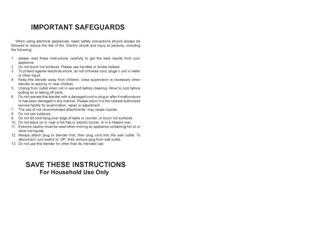 Continental Electric CE22151 manual Important Safeguards, For Household Use Only 