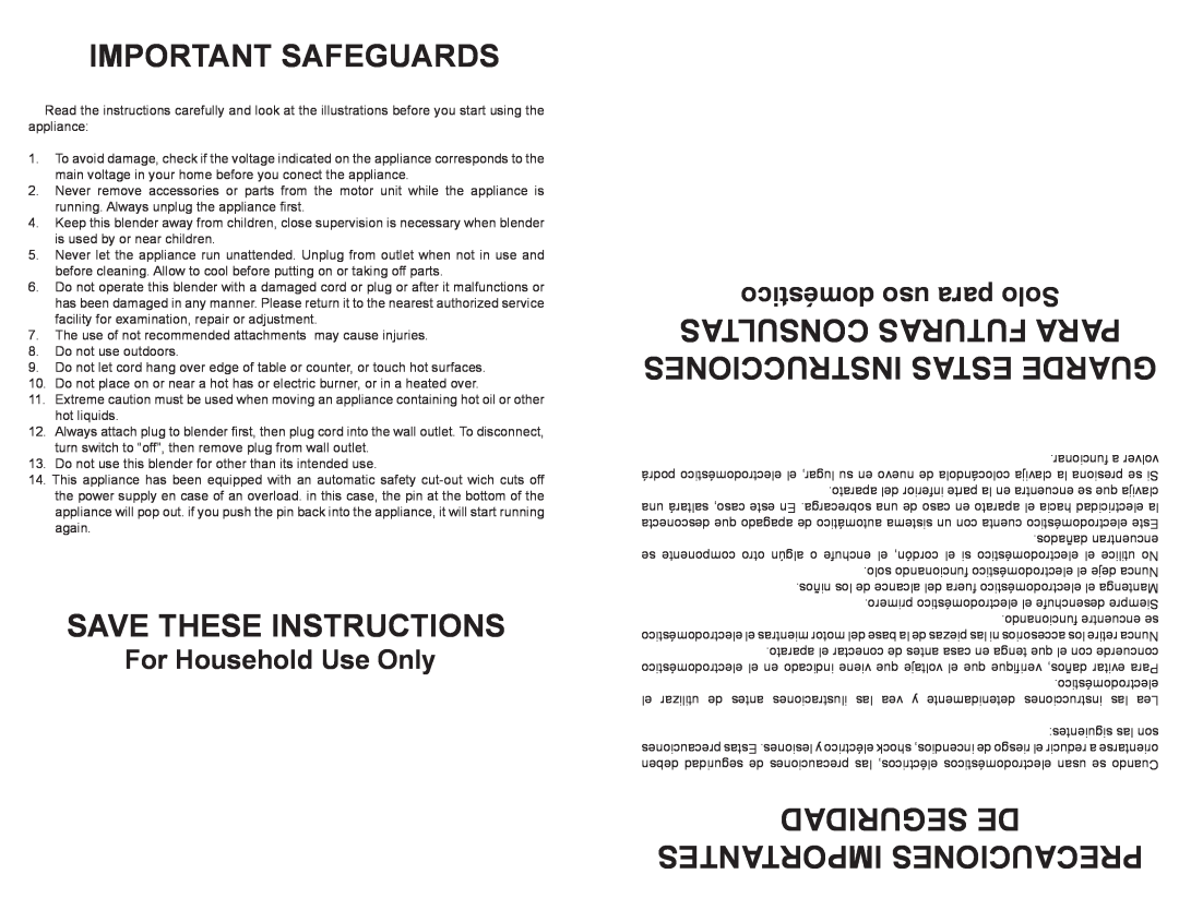 Continental Electric CE22161 Important Safeguards, Save These Instructions, Seguridad De Importantes Precauciones 