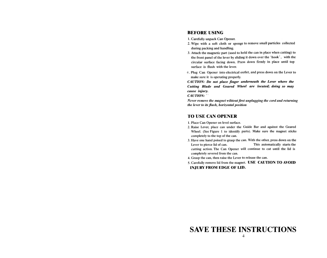 Continental Electric CE22261 instruction manual Save These Instructions 
