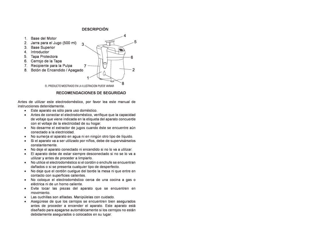 Continental Electric CE22331 Descripción, Recomendaciones De Seguridad, Base del Motor 2. Jarra para el Jugo 500 ml 