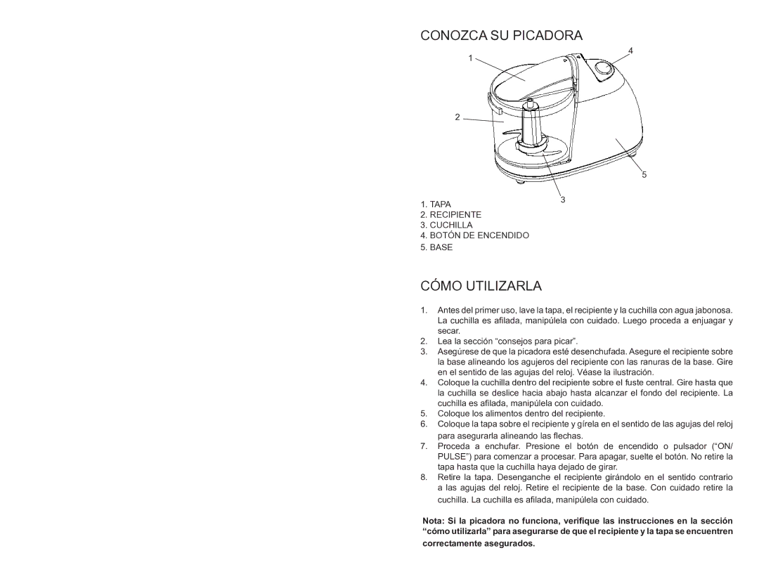 Continental Electric CE22361 instruction manual Conozca SU Picadora, Cómo Utilizarla 