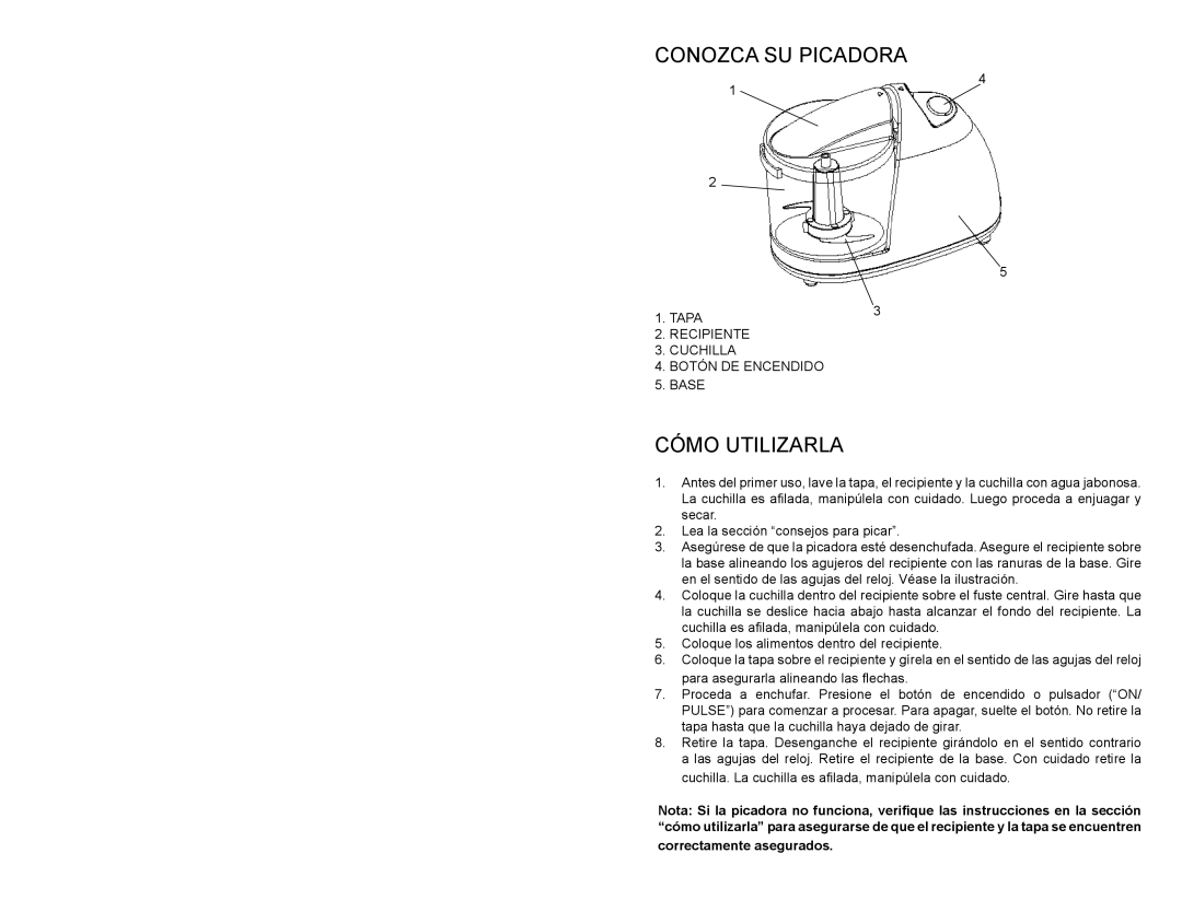 Continental Electric CE22361 instruction manual Conozca Su Picadora, Cómo Utilizarla, correctamente asegurados 