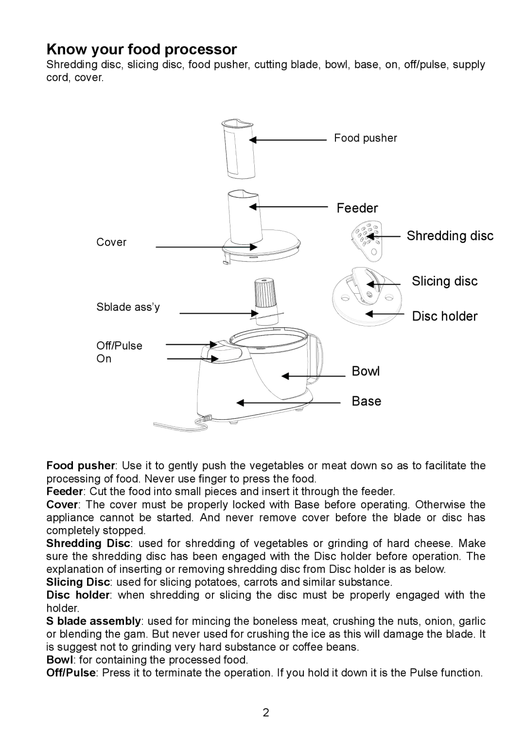 Continental Electric CE22381 instruction manual Know your food processor, Base 