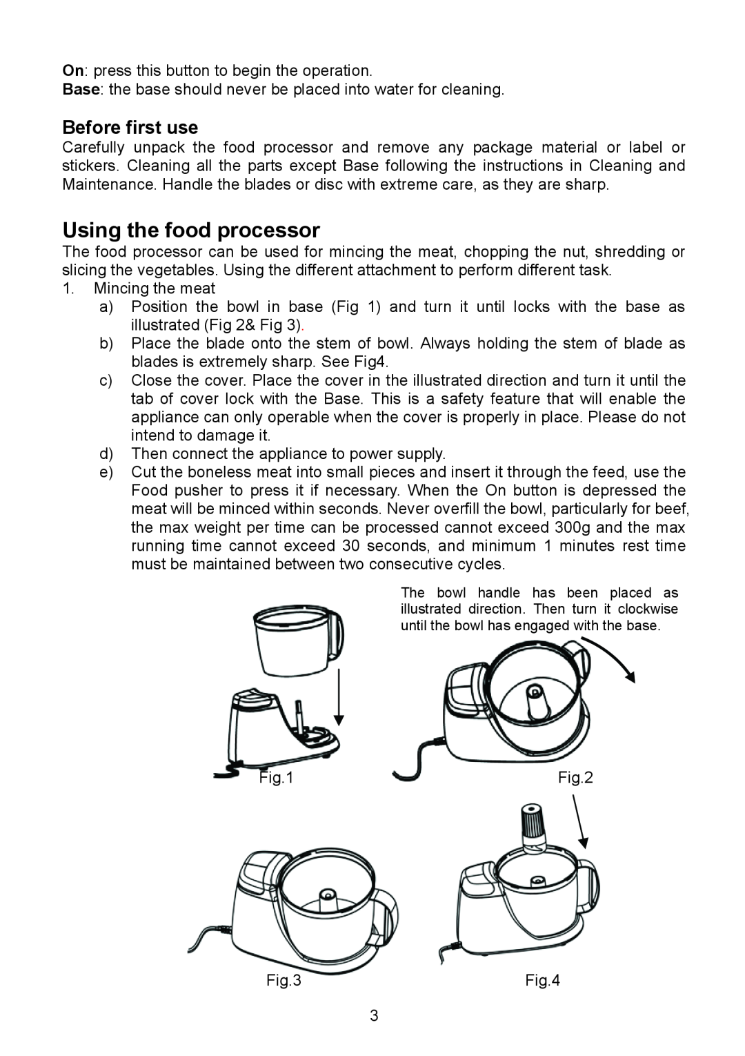 Continental Electric CE22381 instruction manual Using the food processor, Before first use 