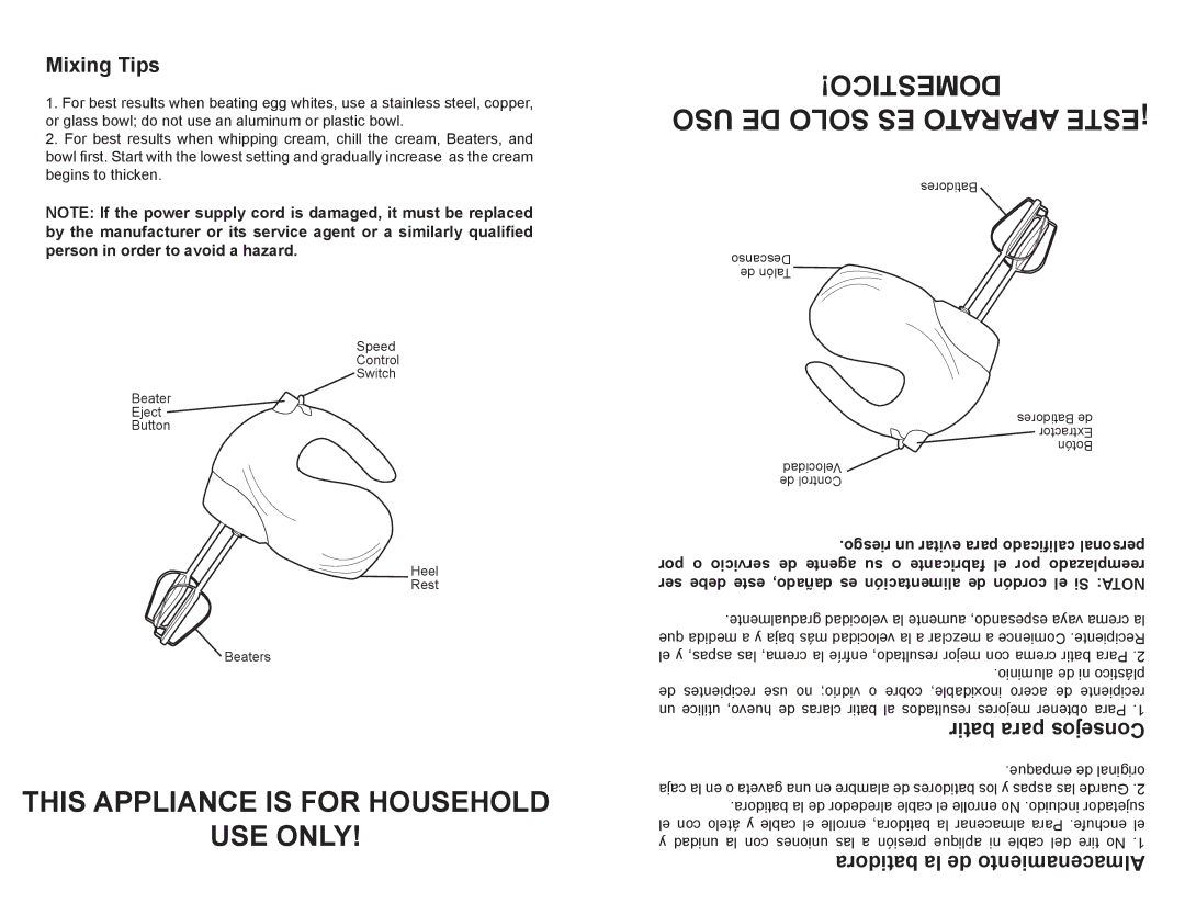 Continental Electric CE22811 user manual Mixing Tips, Batidora la de Almacenamiento 