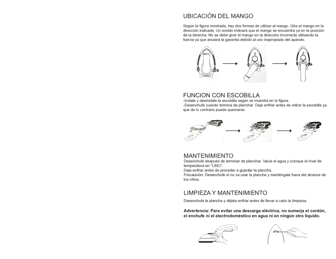 Continental Electric CE23151 instruction manual Ubicación DEL Mango, Funcion CON Escobilla, Limpieza Y Mantenimiento 