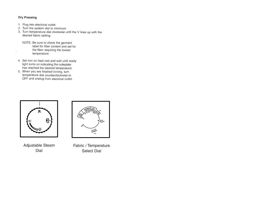 Continental Electric CE23161 instruction manual Adjustable Steam Fabric / Temperature Dial Select Dial 