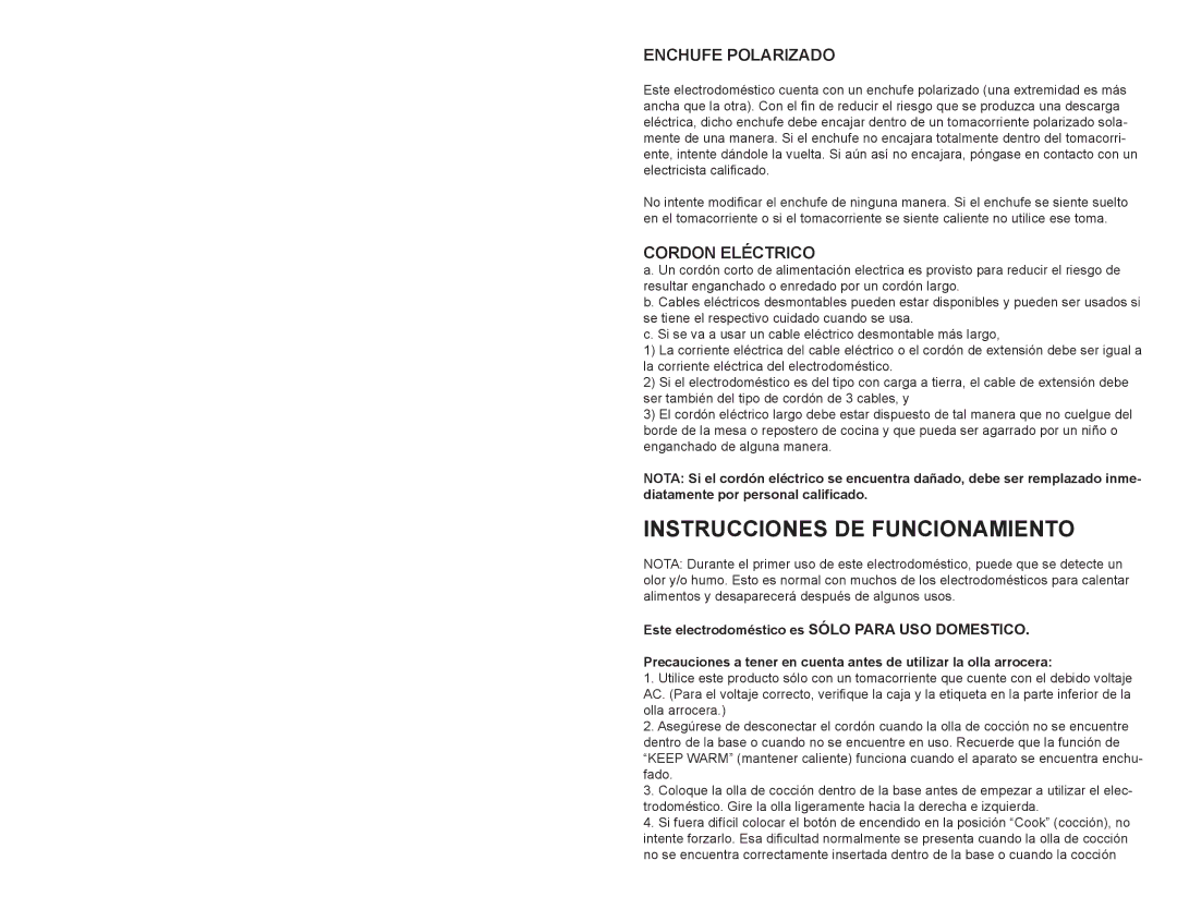 Continental Electric CE23201 user manual Instrucciones DE Funcionamiento, Enchufe Polarizado, Cordon Eléctrico 