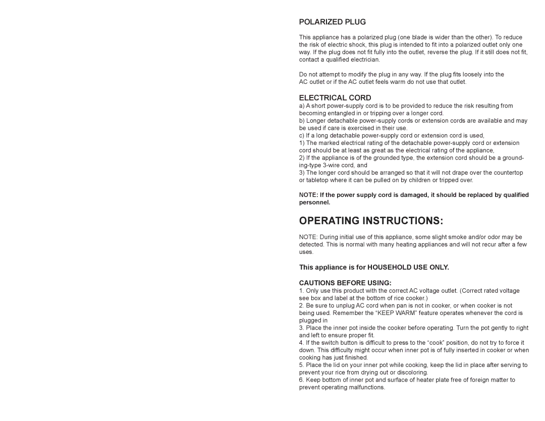 Continental Electric CE23201 user manual Operating Instructions, Polarized Plug, Electrical Cord 