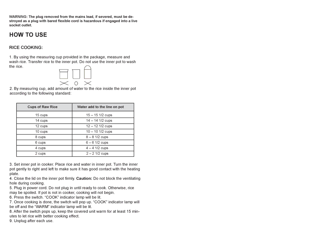 Continental Electric CE23201 user manual HOW to USE, Rice Cooking 