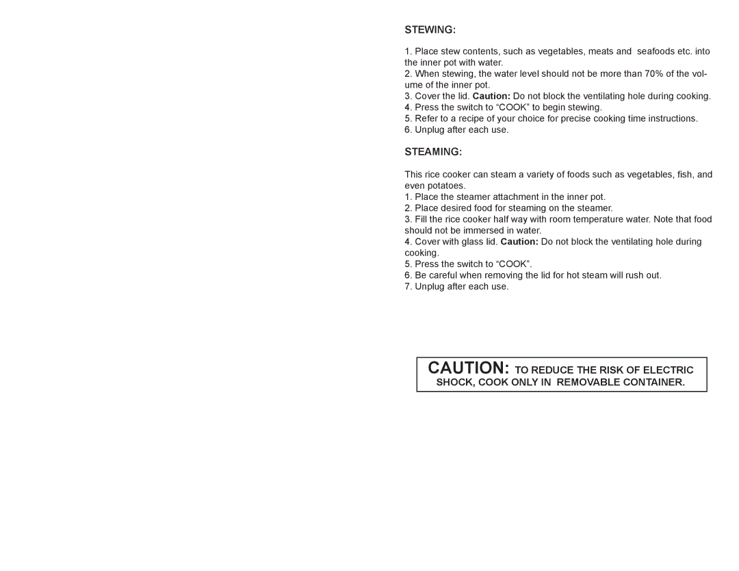 Continental Electric CE23201 user manual Stewing, Steaming 