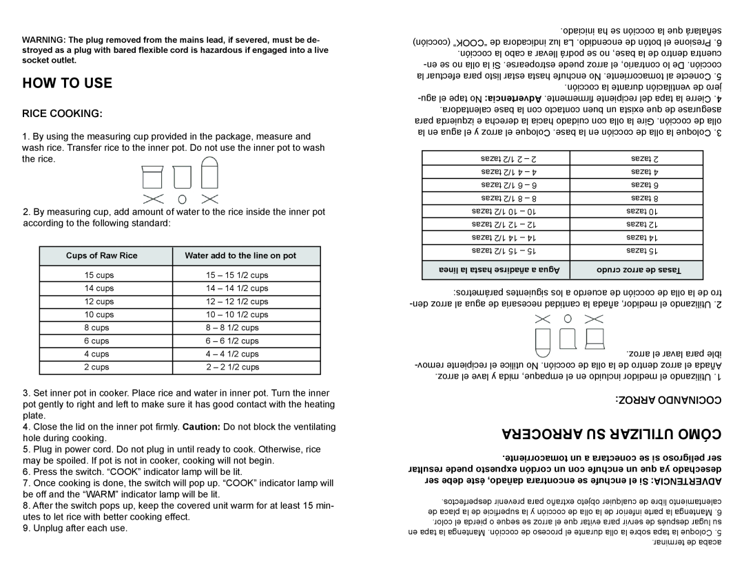 Continental Electric CE23291 user manual How To Use, Arrocera Su Utilizar Cómo, Rice Cooking, Arroz Cocinando 