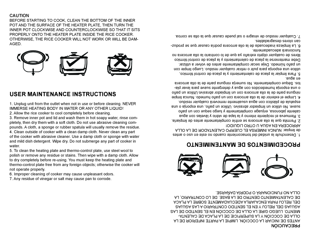 Continental Electric CE23291 user manual User Maintenance Instructions, Mantenimiento De Procedimientos, Precaución 