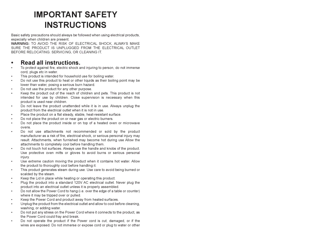 Continental Electric CE23361 instruction manual Important Safety Instructions, Read all instructions 