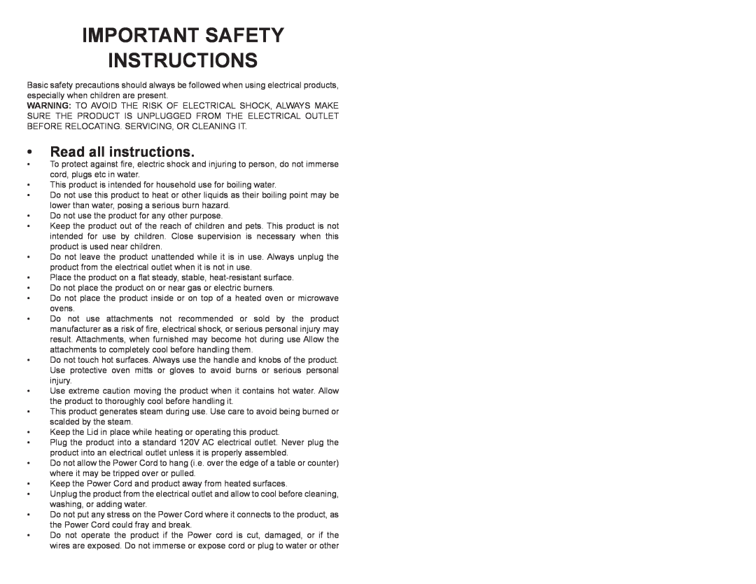Continental Electric CE23361 instruction manual Important Safety Instructions, Read all instructions 