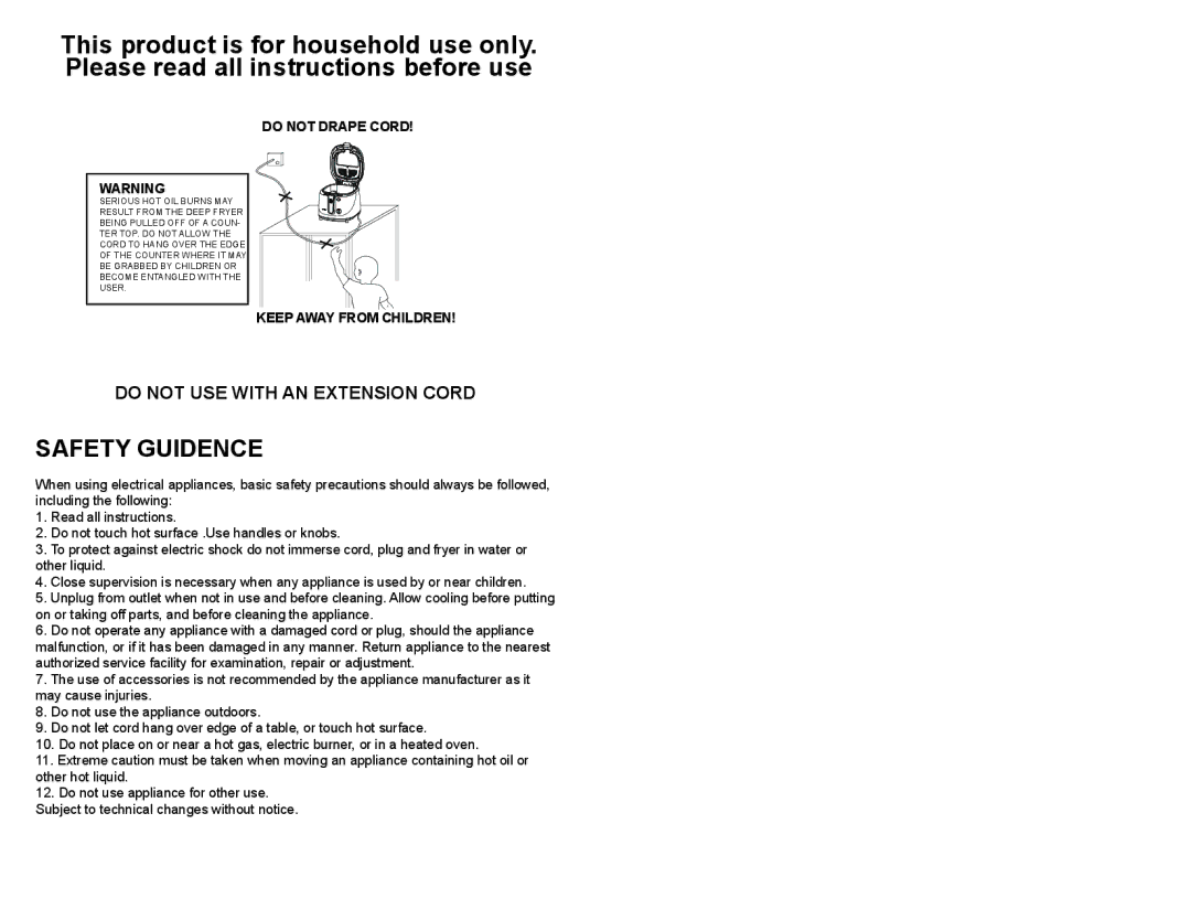 Continental Electric CE23379 user manual Safety Guidence, Do not USE with AN Extension Cord, Do not Drape Cord 