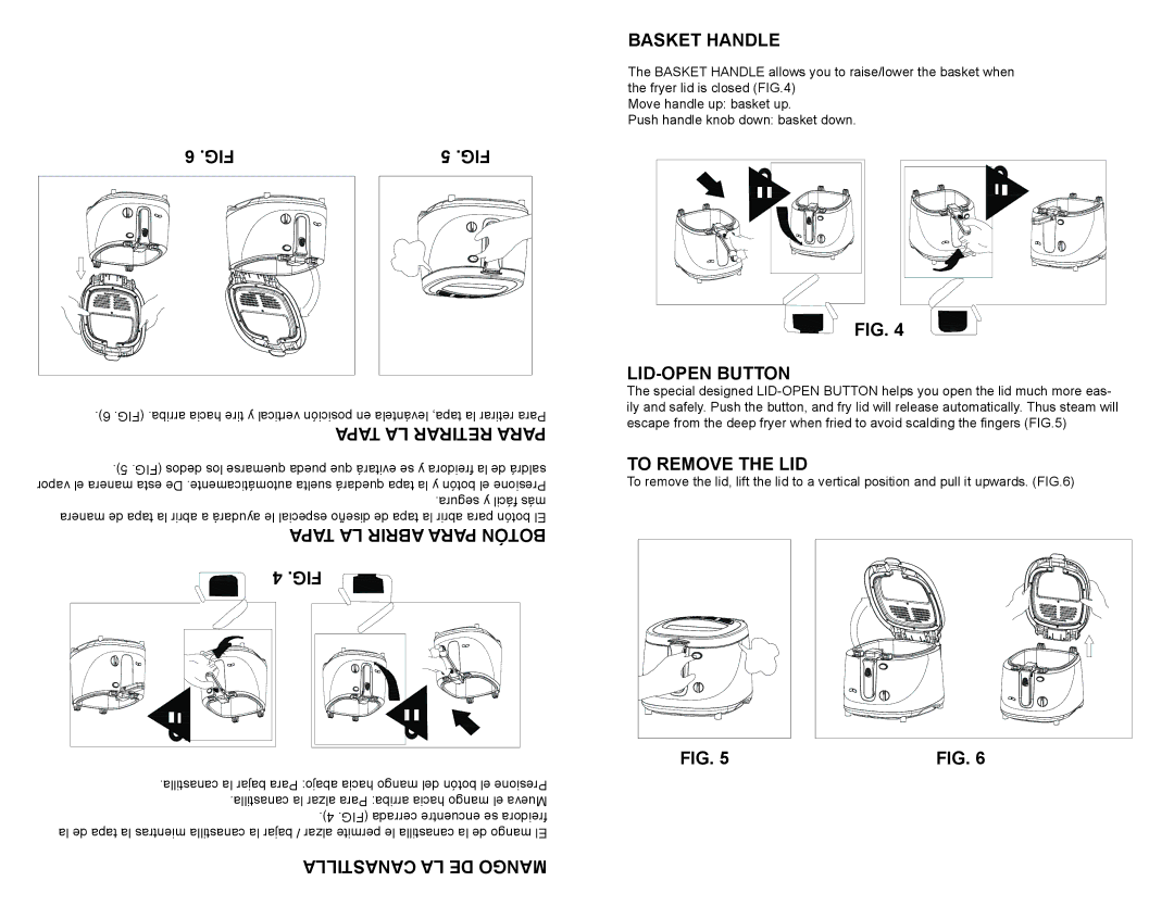 Continental Electric CE23379 user manual Tapa LA Retirar Para, Tapa LA Abrir Para Botón, Basket Handle, LID-OPEN Button 