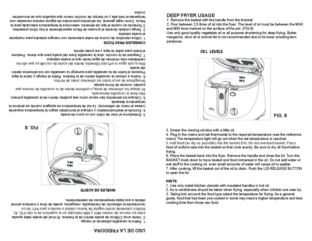 Continental Electric CE23379 user manual Deep Fryer Usage, Freidora LA DE USO, Aceite DE Niveles, Hints 